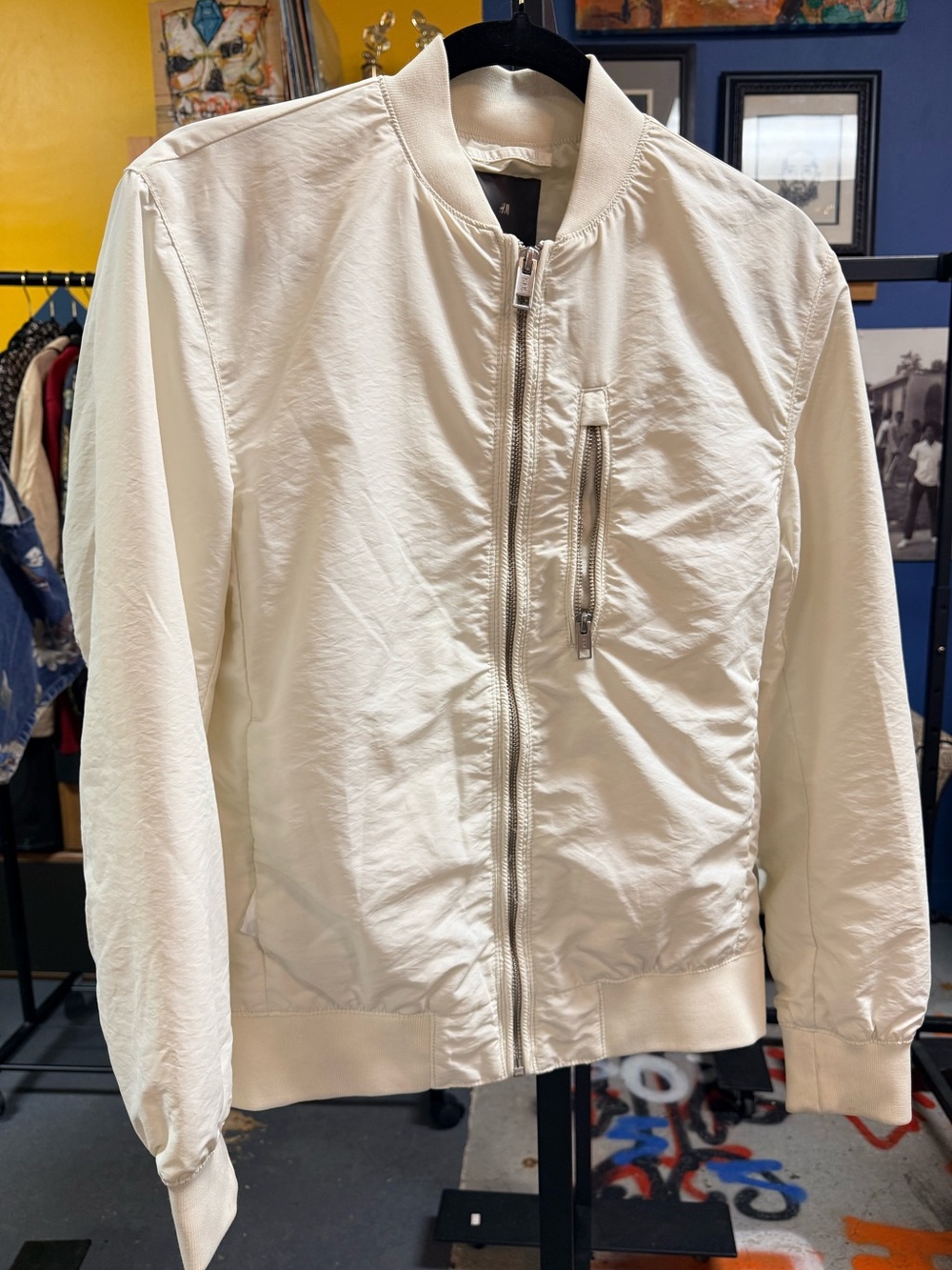 Cream Bomber Jacket with Zip Pocket